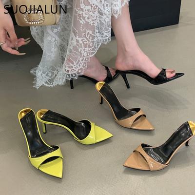 Мода SUOJIALUN 2025 Новый Бренд Женские Тапочки Мода Острый Носок Слипоны Женские Элегантные Слайды Тонкий Высокий Каблук Уличные Туфли-Лодочки Сан