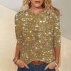 Women T-shirt Crew Neck 3/4 Sleeves Glitter Pullover Tops Shiny Sequins Solid Color Shimmering Blouse