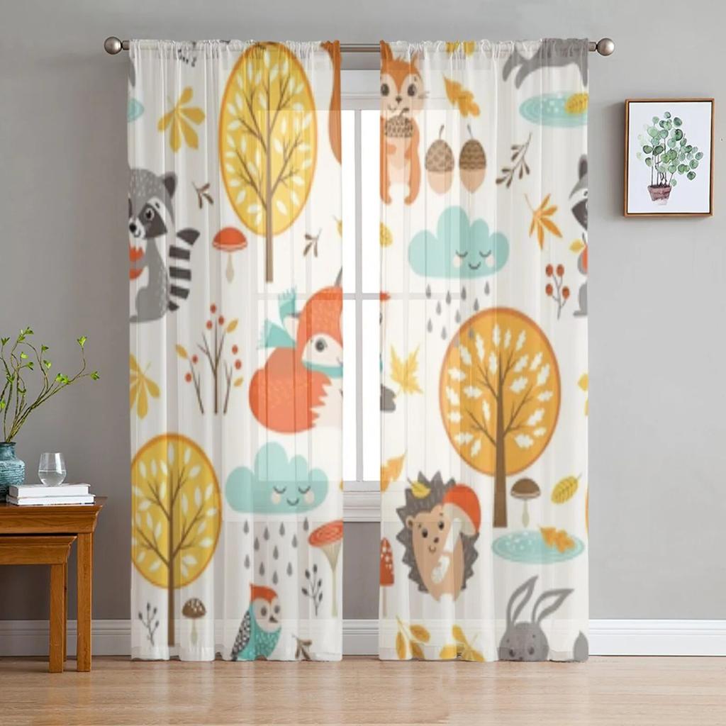 Autumn Woodland Animals Sheer Curtains For Living Room Bedroom Kitchen Tulle Curtain Home Decorative Sheer Panels
