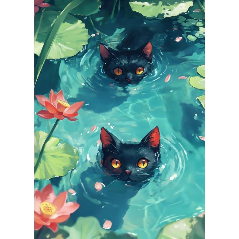 Retro Cute Black Cat And Lotus Landscap Canvas Paintings Impression Monet Posters and Prints Wall Pictures For Living Room Decor