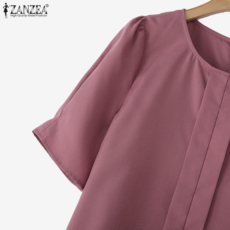 ZANZEA Women Casual Round Neck Solid Color Short Sleeve Blouse