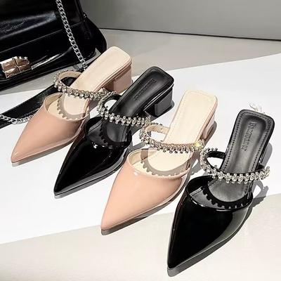 Модные французские полушлепанцы высокого класса 2025 новый стиль, модные и элегантные, шлепанцы с острым носком и стразами для улицы