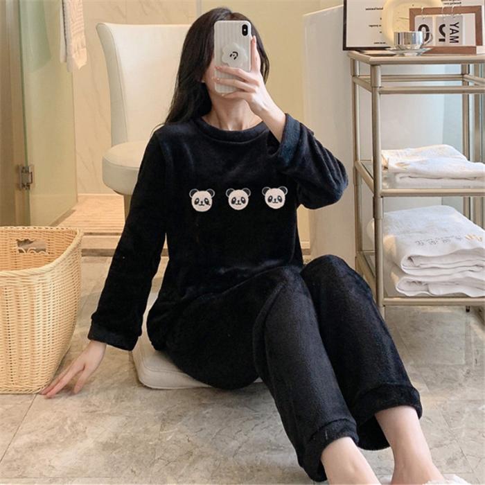Winter Flannel Warm Pajamas for Wome Thickening Round Neck Long Sleeve Outfits for Women 2 Piece Set Cute Printing Home Wear