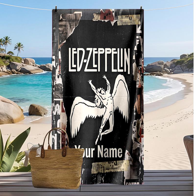 Led Zeppelin Custom Beach Towel, Print Your Name Text Lightweight Absorbent Towel for Swimming Travel