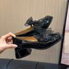 Thick Heel Shallow Mouth Single Shoes Women's Word with Mary Jane Shoes Ribbon Bow with Skirt Small Leather Shoes