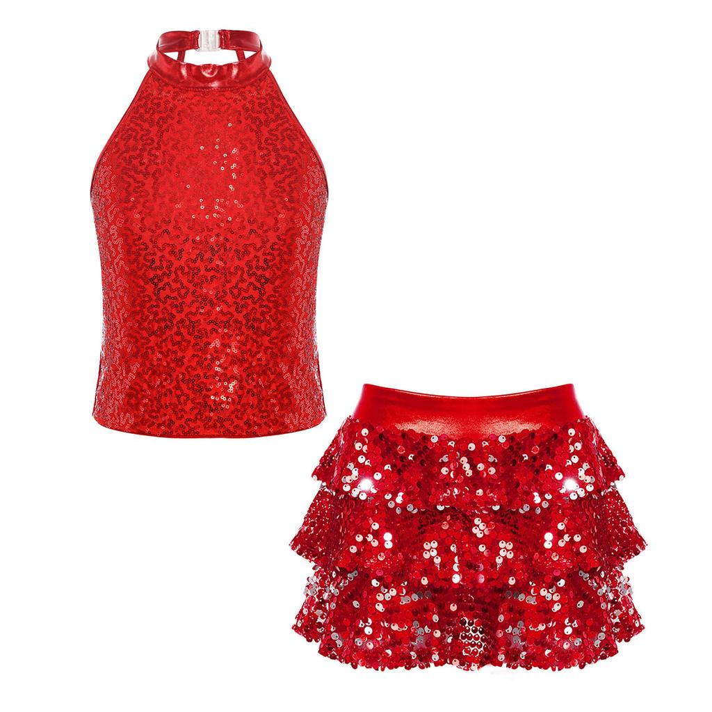 Girls Jazz Dance Outfit Halter Sleeveless Sequin Crop Top Tiered Ruffle Skirted Shorts Set
