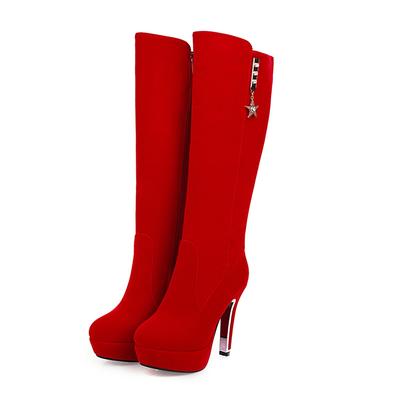 Женские высокие сапоги 2025 Зимняя обувь Флок Черный Красный Платформа Сапоги до колена Большой размер 48 Длинные Вечеринка Фетиш Обувь