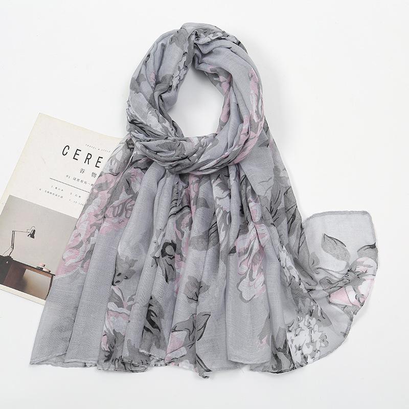 Spring and Autumn New Plant Flower Printing Versatile Bali Yarn Cotton and Linen Feel Scarf Elegant Sunscreen Shawl Women