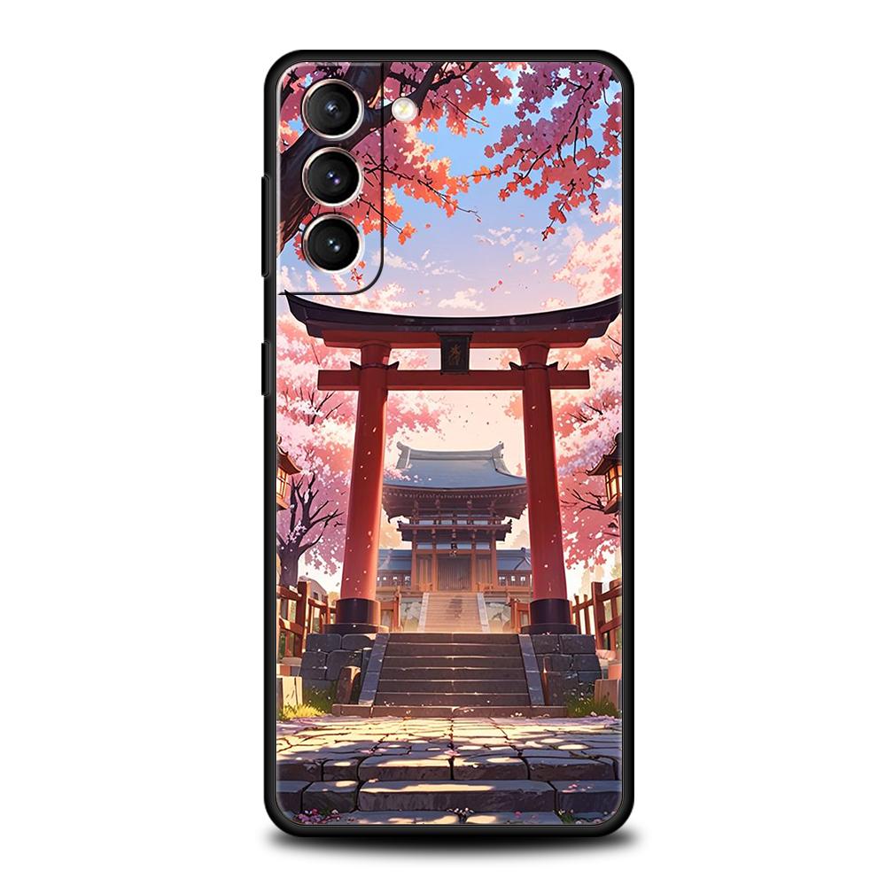 Japanese Style Temple And Cherry Blossoms Phone Case for Samsung Galaxy S25 S24 S23 S22 S20 S21 FE Ultra Plus S25Edge Soft TPU