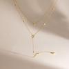 18K Gold Plated Stainless Steel Y Shaped Dainty Chain Water-Drop Pendant Necklace Double Layer Shiny Cubic Zirconia Necklaces
