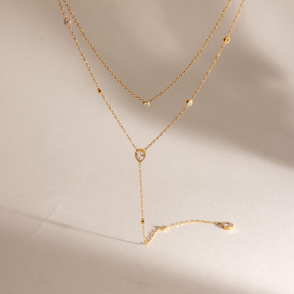 18K Gold Plated Stainless Steel Y Shaped Dainty Chain Water-Drop Pendant Necklace Double Layer Shiny Cubic Zirconia Necklaces