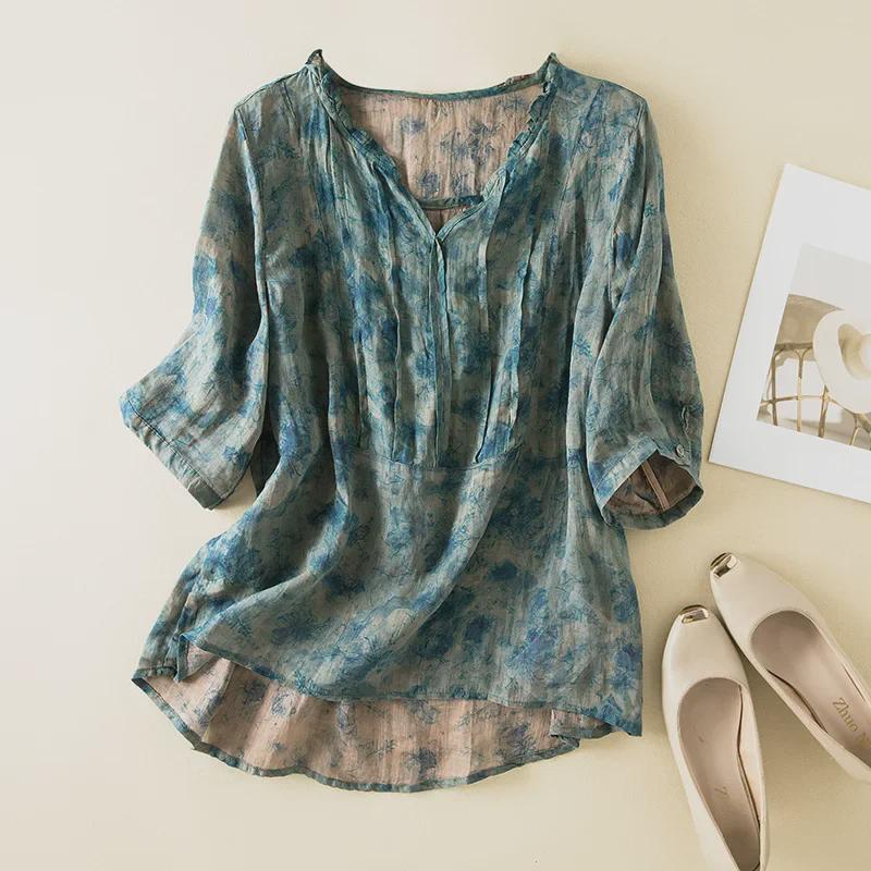 Летняя льняная рубашка с цветочным принтом и воротником-ушком