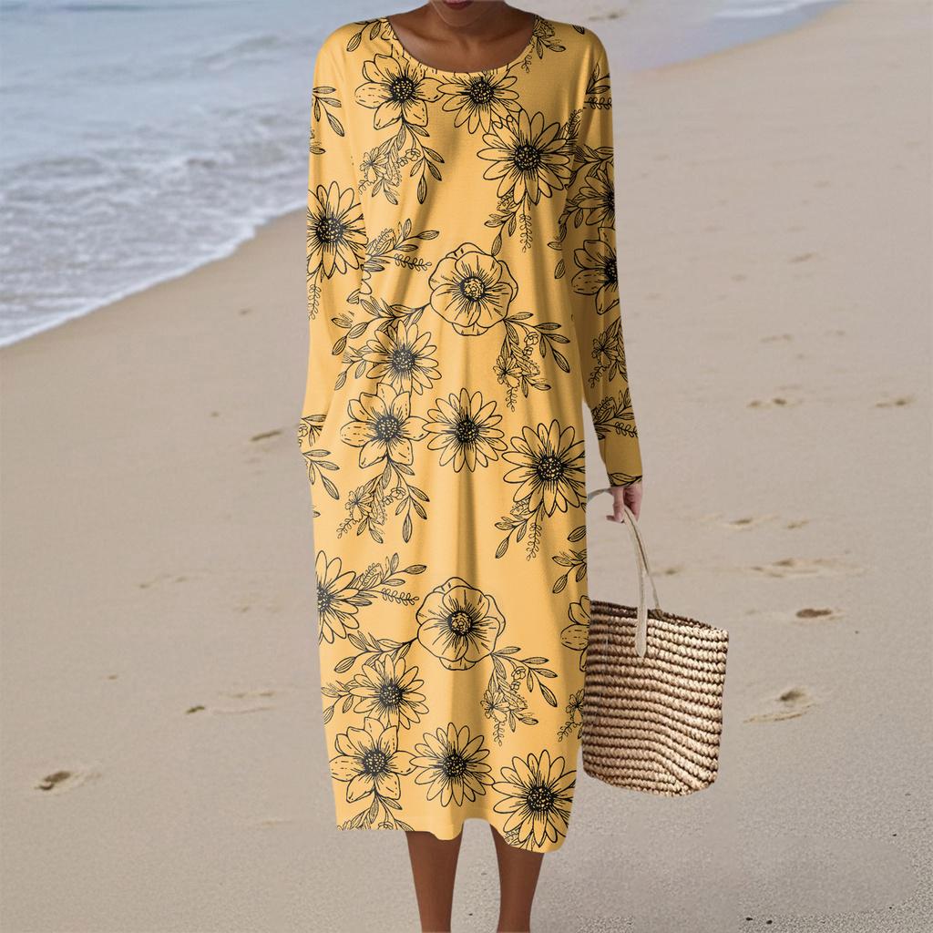 Women's Fashion Casual Long Sleeve Floral Print Round Neck Pocket Elegant Temperament Dress