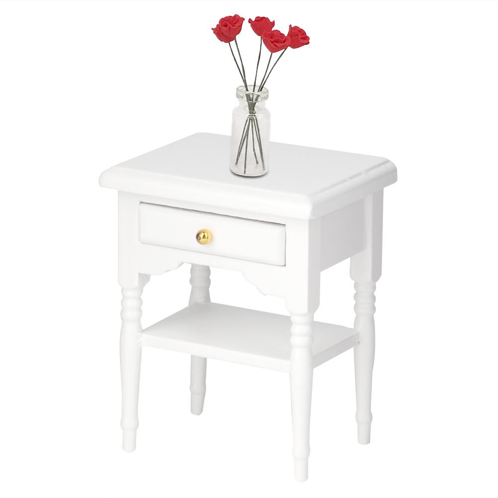 1:12 White Mini Bedroom Furnishing Articles Wooden Bedside Table Model