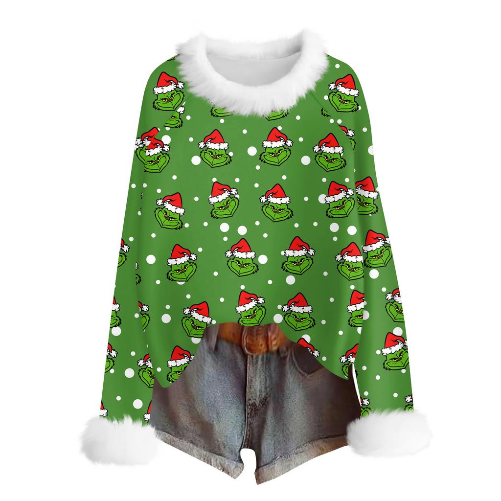 Женская модная рождественская футболка с принтом, круглым вырезом и длинными рукавами, повседневный пуловер