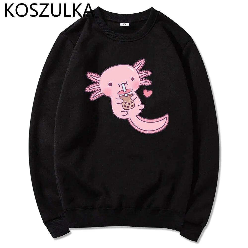 Забавные женские милые толстовки с капюшоном «Аксолотль любит пузырьковый чай» Толстовка с принтом Свободная толстовка с капюшоном большого размера с мультяшным принтом Уличная одежда Розовая одежда
