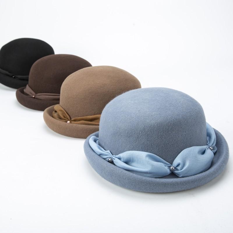 100% Wool Hat Women Fashion Fedoras Hats Lady Elegant British Style Double Flower Dome Cap Painter Cap Dome Edge Wool Hat