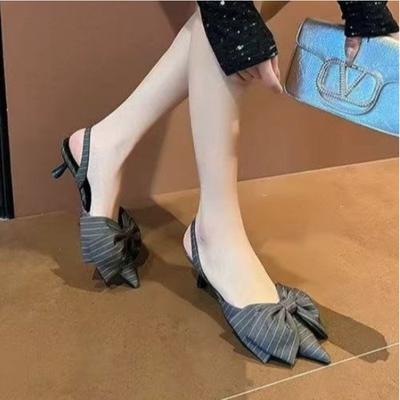 Новые Популярные Полосатые Туфли-Мюли с Бантом Женские Остроносые На Низком Каблуке С Задним Ремнем Элегантные Повседневные Удобные Туфли-Лодочки Босоножки на Высоком Каблуке