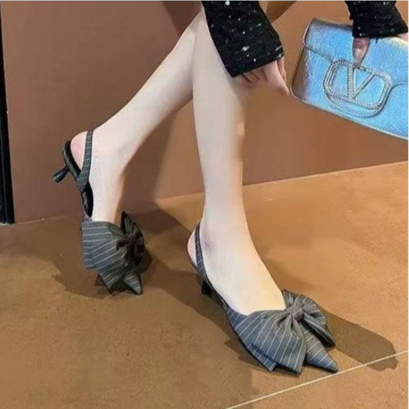 New Popular Striped Bow Ladies Mules Pointed Toe Low Heel Back Strap Pumps Elegant Casual Comfortable High Heels Sandals