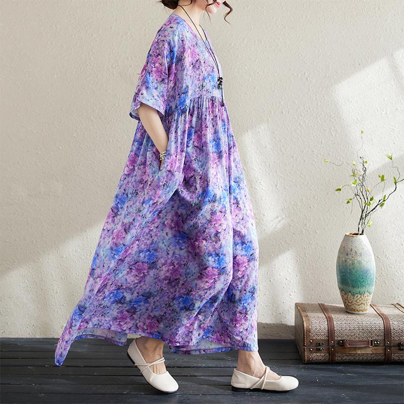 Dimanaf 2024 Большие размеры, летнее новое длинное платье, пляжное женское платье с круглым вырезом и цветочным принтом, праздничная мода, повседневное свободное женское платье 650