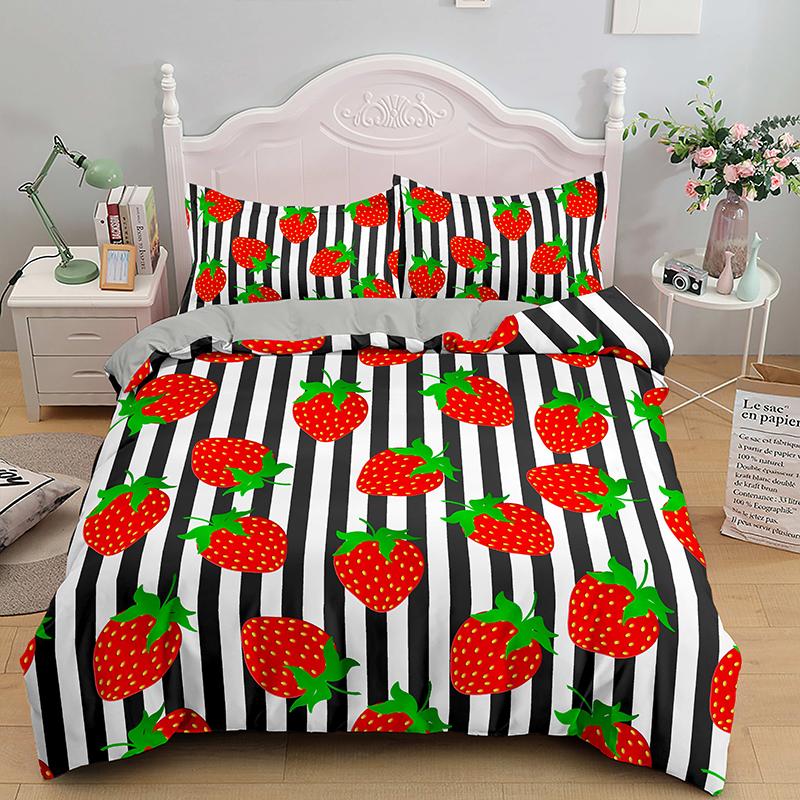 Pink Strawberry Cute Bedding Set Duvet Cover Set 3D Print Fruit Pattern Quilt Cover Pillowcase King Queen Size For Kids Boy Girl