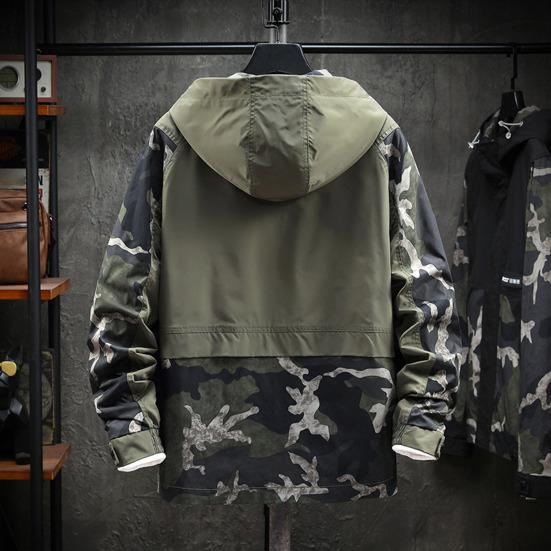 Men Hoodie Jacket Camouflage Patchwork Loose Windbreaker Spring Autumn Washable Zipper Outwear Streetwear