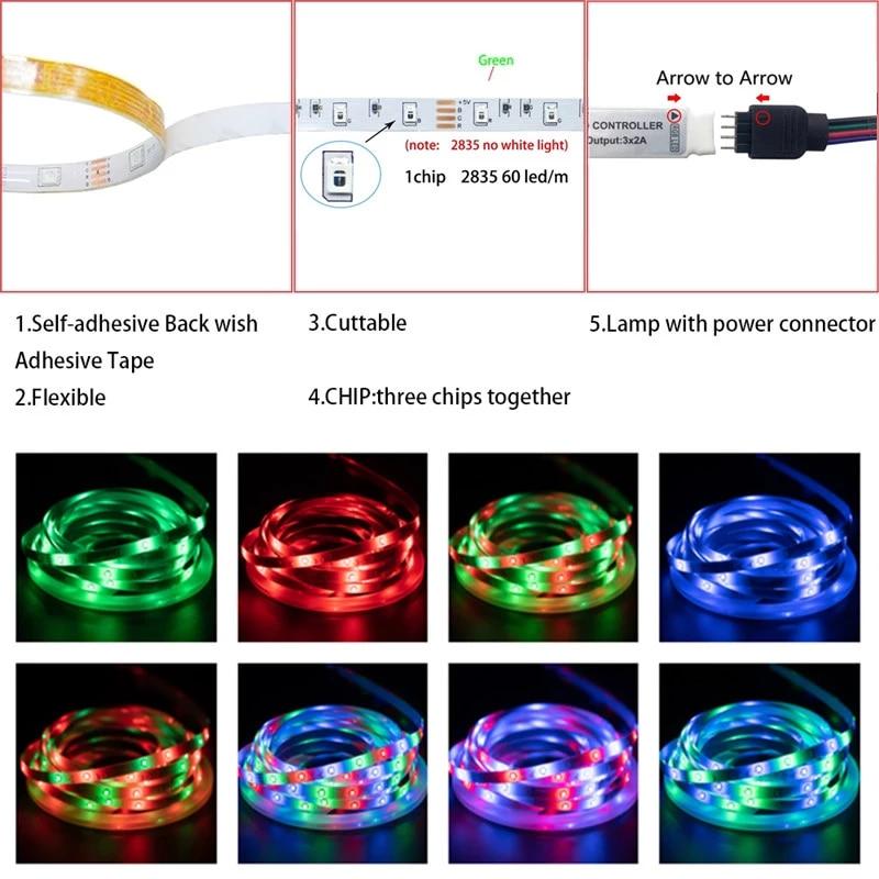 Светодиодные ленты RGB 2835, украшения, 3 клавиши управления, USB-кабель, гибкая лента, диод, 5 В постоянного тока, настольная подсветка, ленточное освещение