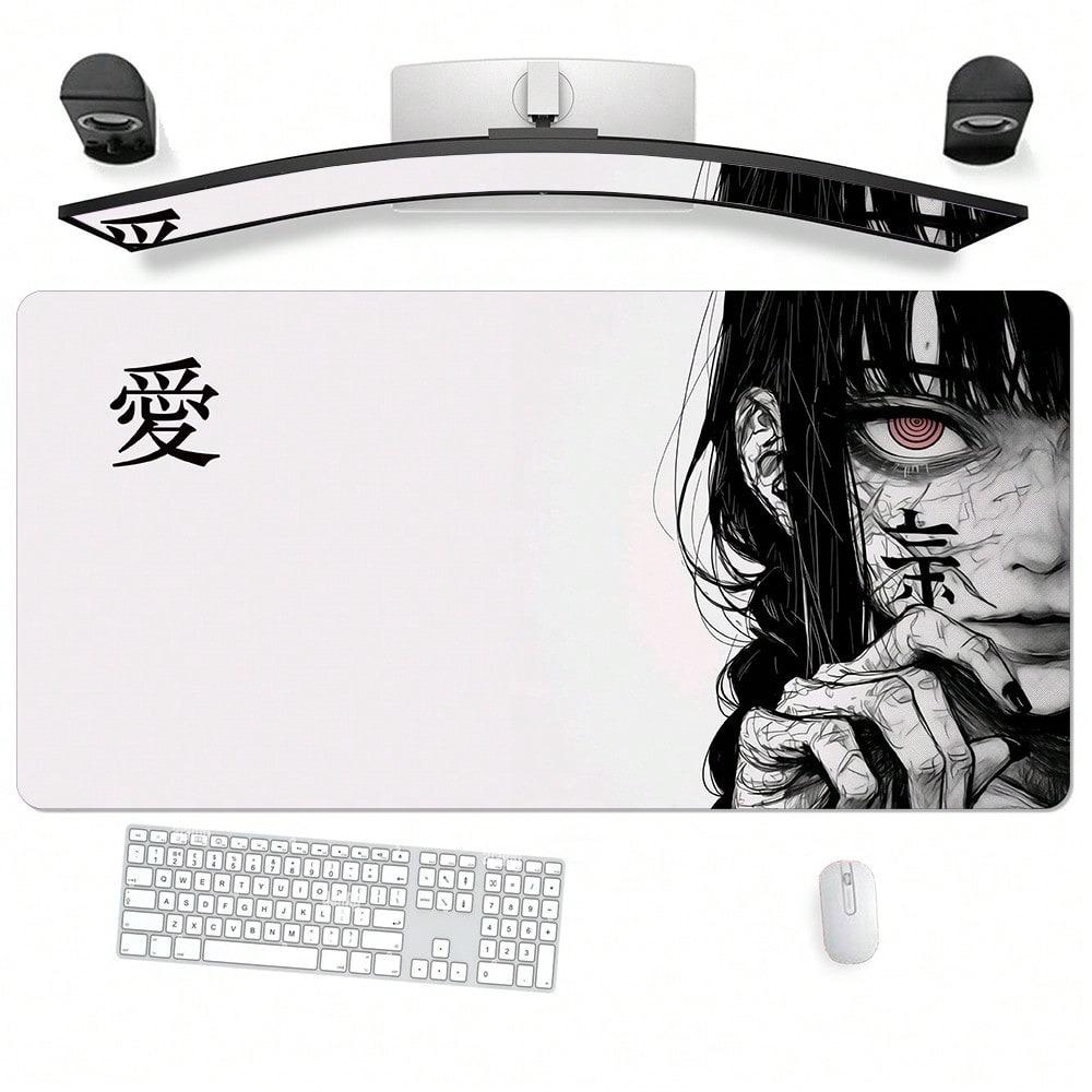 Black-and-White Anime Girl Mouse Pad Dark Girl Gaming Computer Desk Mat “Love” Character Keyboard Rubber Non-Slip Long MousePad