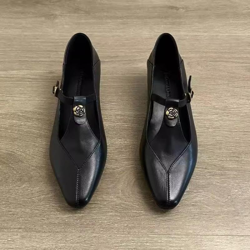 Универсальные однословные туфли-лодочки с вырезами, женские, весенние, новые, ретро, с камелией, на толстом каблуке, офисные, Мэри Джейн