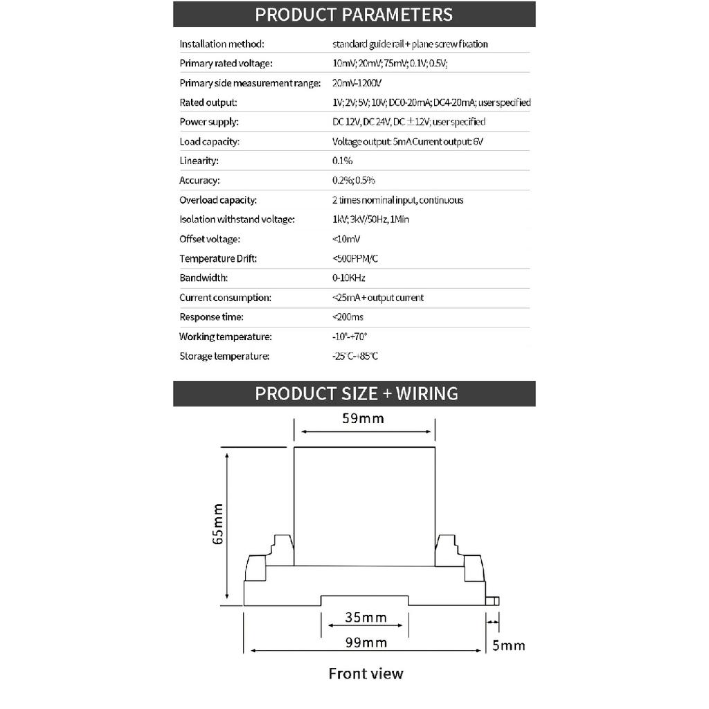 DC Voltage Transmitter 0-100V/0-200V/0-500V RS485 4-20mA AC Voltage Sensor AC/DC Voltage Sensor Transducer Transmitter