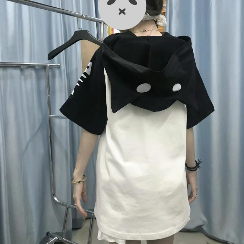 Kawaii T-Shirts Y2K Cute Cat Ear Cartoon Print Hooded Tees Women's Short Sleeve Shirt Summer Tops Women Girl Clothing