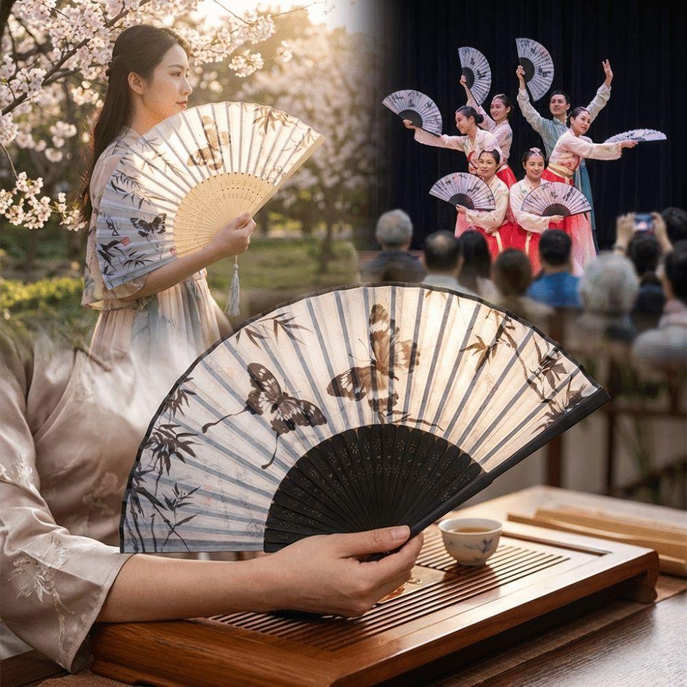 Antique Bamboo Folding Fan Ink Wash Painting Portable Fan Decorative Silk Hand Fan  Hanfu Cheongsam