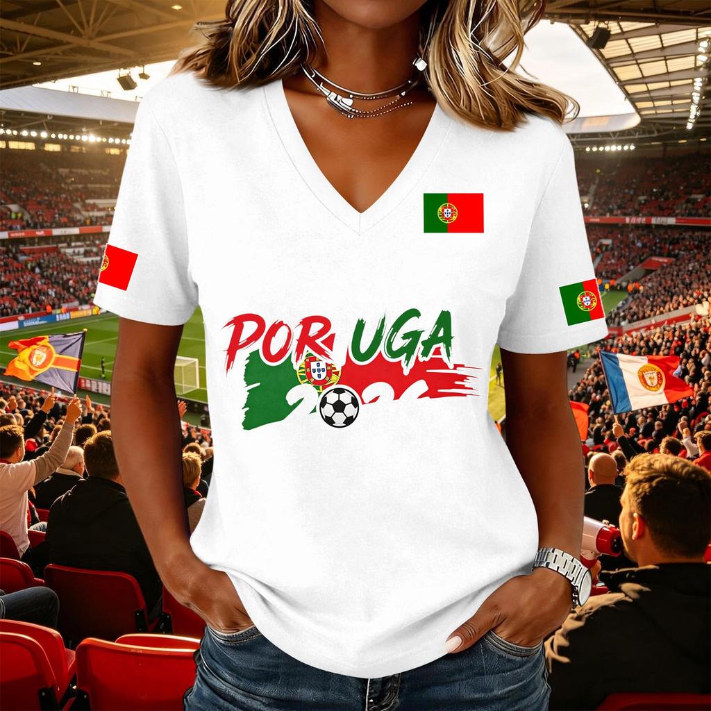 Women V Neck Pullover T Shirt Short Sleeve Casual Soccer Flag Print Top Supporter Jersey Tee for Game Day Wear