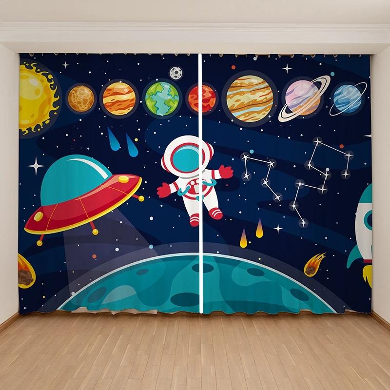 Новые дешевые шторы для мальчиков и девочек в виде космонавтов, планета, для детской спальни, 2 панели, с высоким затемнением, новые модные, с различными узорами