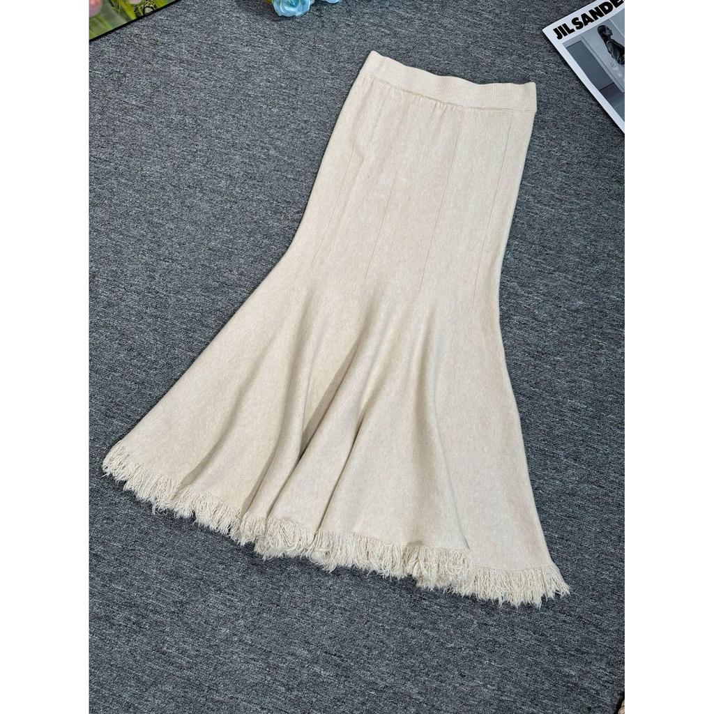 Qooth осень-зима вязаная элегантная юбка-труба для женщин с высокой талией и кисточками средней длины QT2507