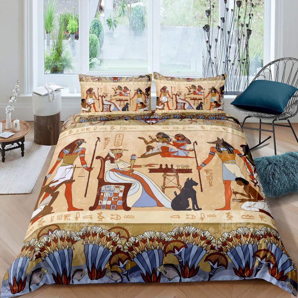 Egypt Pharaoh Duvet Cover Set Egypt Tribal Pattern Bedding Set Pyramid Sphinx Printed Comforter Cover With Zipper 2/3 Pcs Set