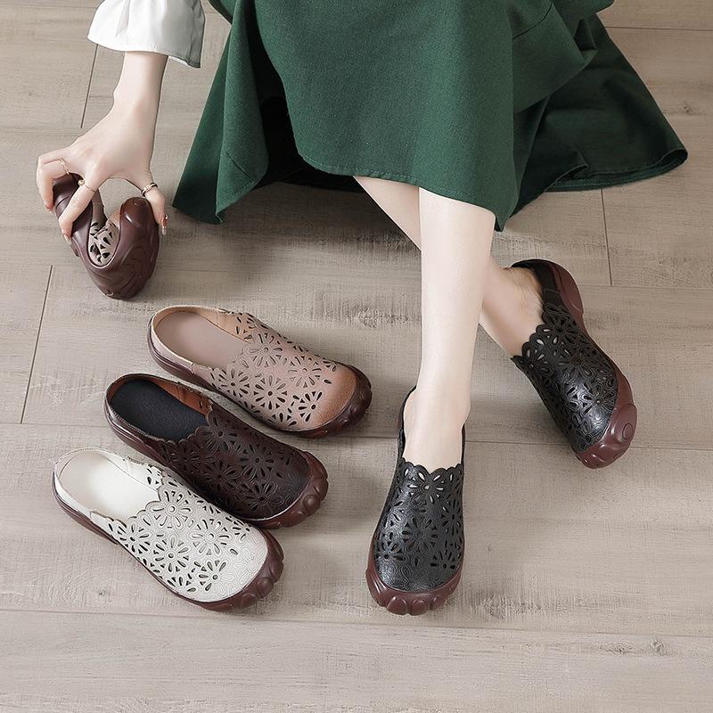 Summer New First-layer Cowhide Flat-bottom Beef Tendon Sole Women's Shoes Casual Leather Hollowed-out Breathable Slippers Hole Shoes