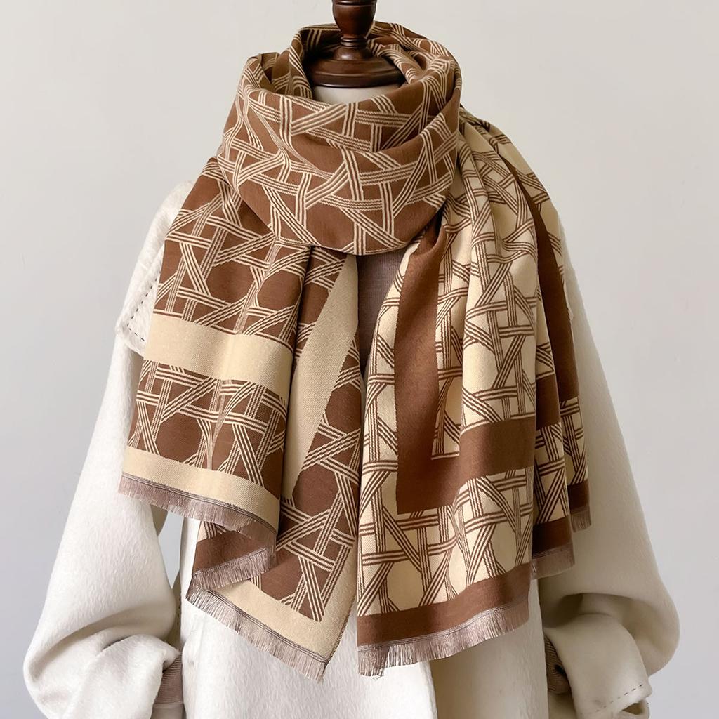 Модная элегантная женская пашмина Осень Зима Толстая теплая двусторонняя шаль с кисточками и буквенным принтом Защита от холода и ветра Плед шарф с капюшоном