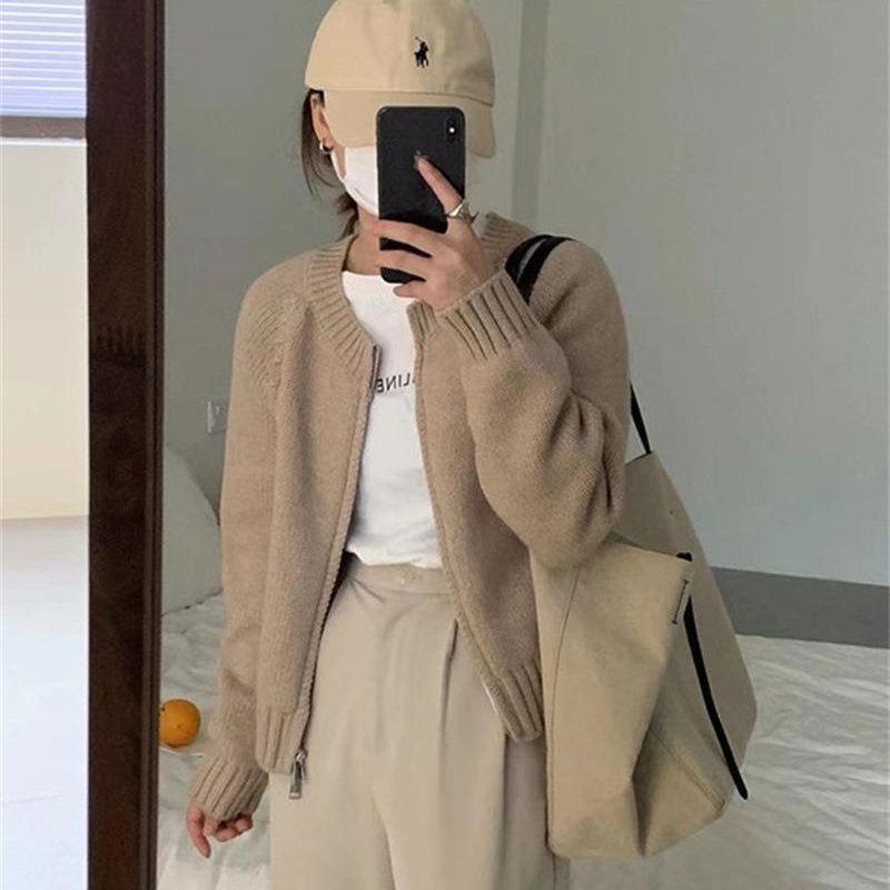Korean Style Short Solid Color Knitted Sweater for Women New Double Zipper Knitted Cardigan Top