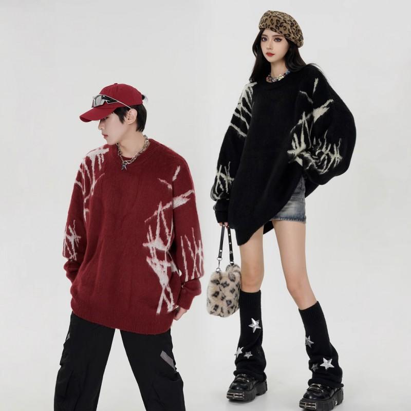 Unisex Oversized Knit Sweater With Graphic Jacquard Casual Streetwear Pullover Winter