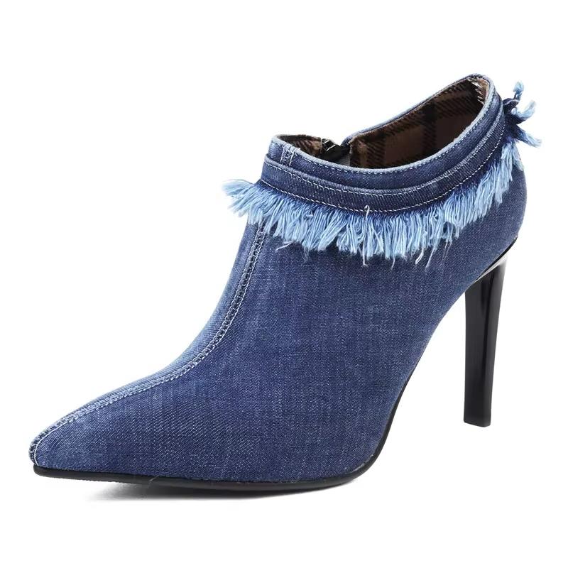 Summer Brushed Denim Ankle Boots Women Sexy High Thin Heels Pointed Toe Pumps Blue Rubbed Jean Party Dress Lady Stiletto Booties