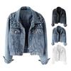 Womens Long Sleeve Cardigan Denim Jacket Solid Single Breasted Cropped Beaded Coat