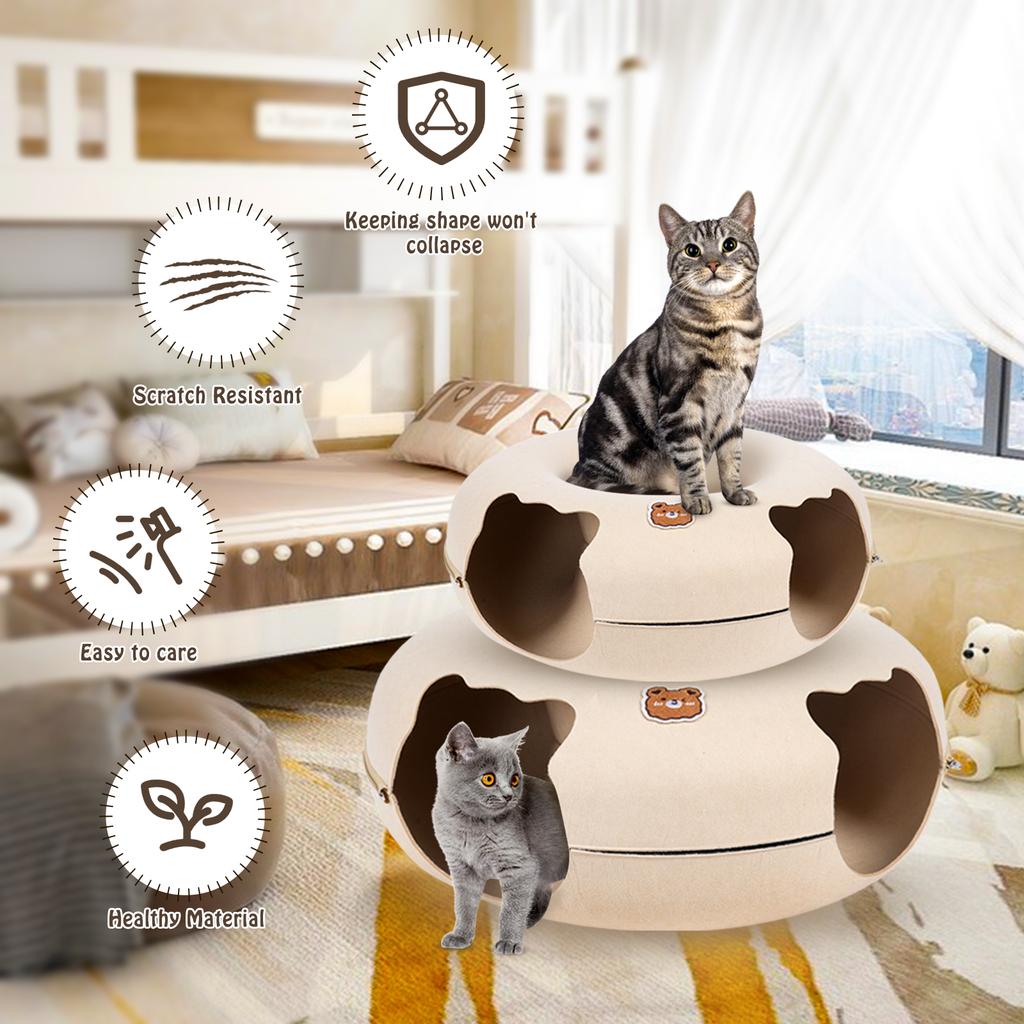 Кошачья тоннельная кровать для кошек Peekaboo Cat Cave Двойная пещера для кошек среднего и большого размера Кровать-пончик с царапаньем Cat Donut Tunnel