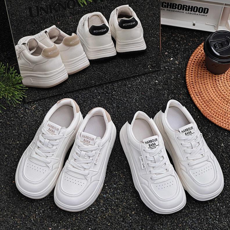 Platform White Shoes Women's Autumn New Leather Versatile Sports and Leisure Shoes Comfortable Soft Sole Lightweight Board Shoes