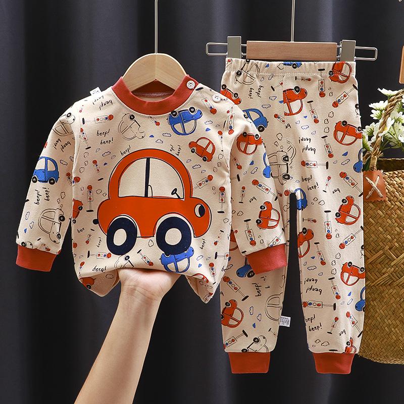 Cartoon Kids 100% Cotton Underwear Set Boys & Girls Thermal Pajamas Soft Long Sleeve Top & Pants Cozy Homewear & Sleepwear