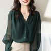 Long-sleeved Shirt Women's Spring and Autumn French V-neck Design Top Temperament Loose Chiffon Shirt