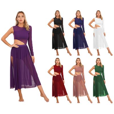 Женское современное лирическое танцевальное платье с круглым вырезом, вырезом, лоскутным дизайном, боковым разрезом, костюм из прозрачной сетки