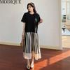 MODIQUE Summer Plus Size Women Loose Versatile A-Line Stripe Patchwork Pleated Cotton T-Shirt Long Dresses Female Casual Short Sleeve O-Neck Dresses