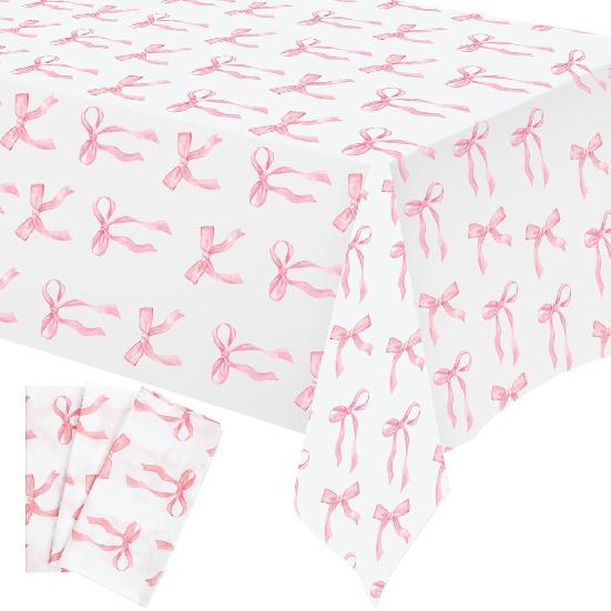 Oudain 3 Pcs Pink Bow Table Cloth 54 x 108 Inch Coquette Bow Table Cover Rectangle Pink Tablecloth Disposable Tablecovers Coquette Party Decorations