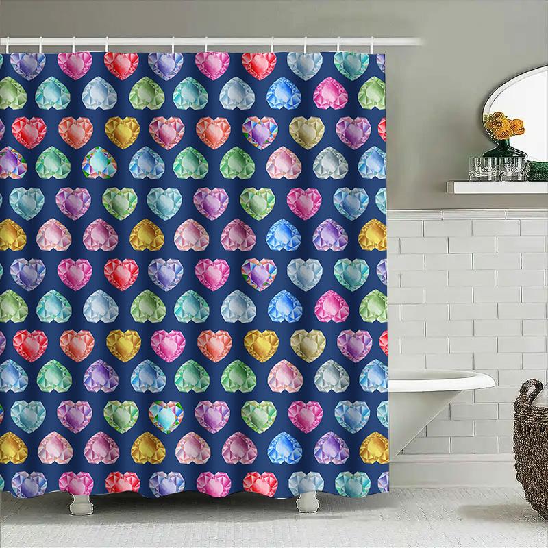 Colorful Gem Shower Curtain Set Bath Decor with Heart Shape Design Washable Fabric for Bathroom Various Colors Available